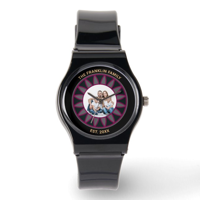 Family Mom Dad Photo Name Year Modern Personalize Watch (Front)
