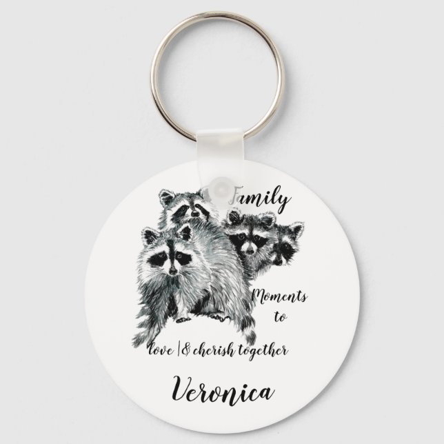 Family Moments Quote Cute Raccoons Custom Name Key Ring (Front)