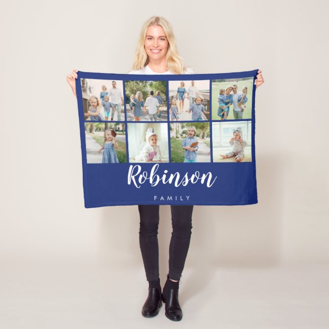 Family Monogram 8 Photo Collage | Navy Fleece Blanket (In Situ)