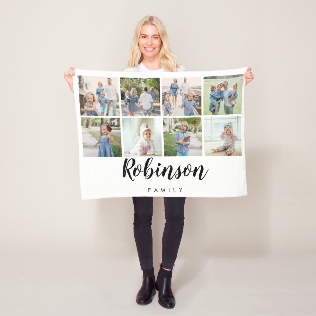 Family Monogram 8 Photo Collage | White Fleece Blanket (In Situ)