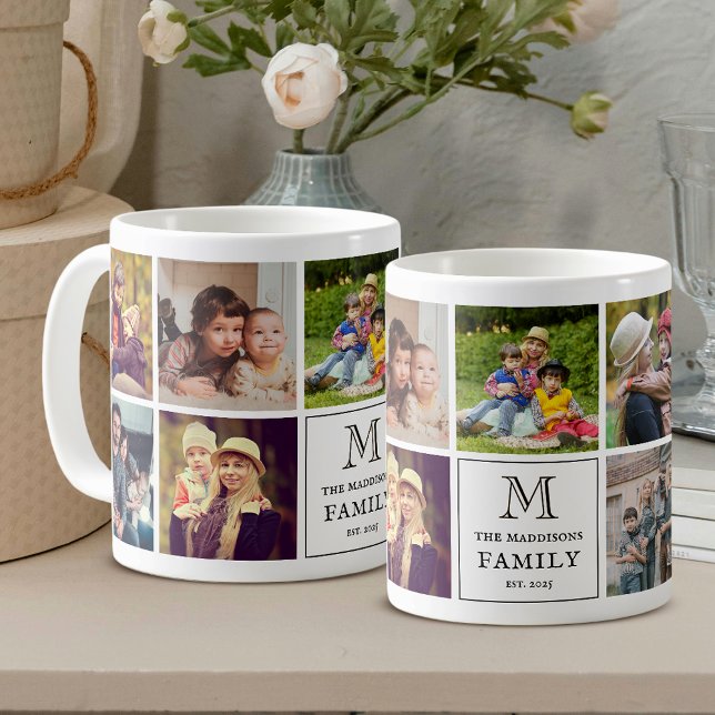 Family Monogram 9 Photo Collage and Custom Text Coffee Mug (Creator Uploaded)