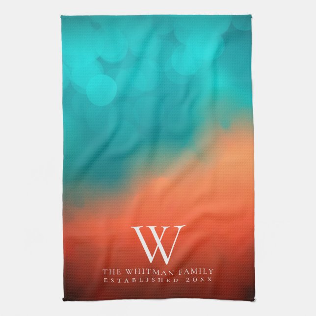 Family Monogram Abstract Art Teal Orange Kitchen Tea Towel (Vertical)