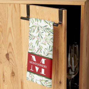 Family Monogram Christmas Holly Tea Towel