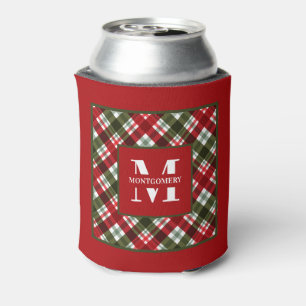 Family Monogram Christmas Plaid Can Cooler