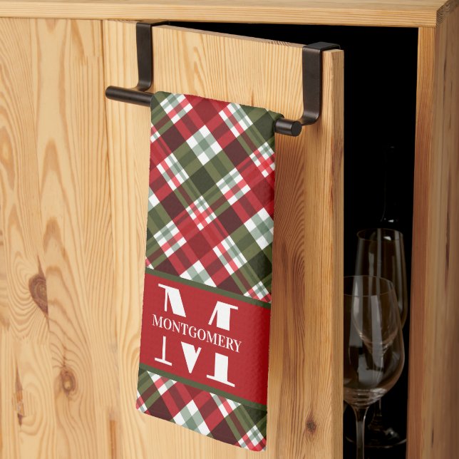 Family Monogram Christmas Plaid Tea Towel (Thirds Fold)