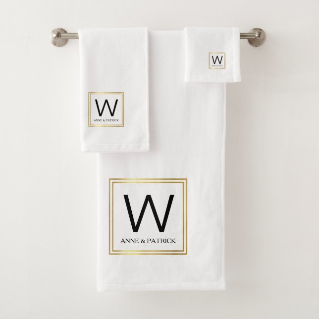 Family Monogram Couple Names White Bath Towel Set (Insitu)