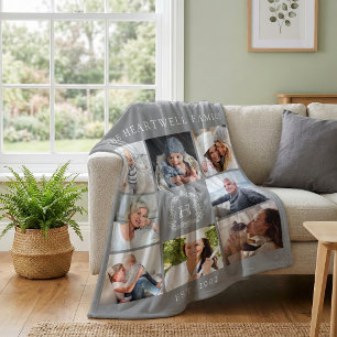 Family Monogram Crest 8 Photo Collage Grey Fleece Blanket