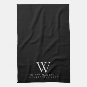 Family Monogram Elegant Black Kitchen Tea Towel