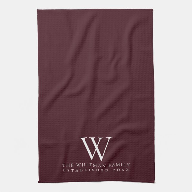 Family Monogram Elegant Burgundy Kitchen Tea Towel (Vertical)