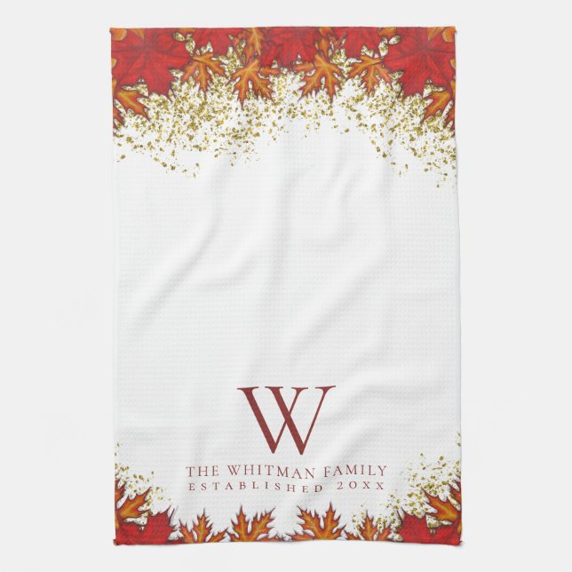 Family Monogram Elegant Fall Leaves Kitchen Tea Towel (Vertical)