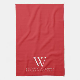 Family Monogram Elegant Flame Scarlet Red Tea Towel
