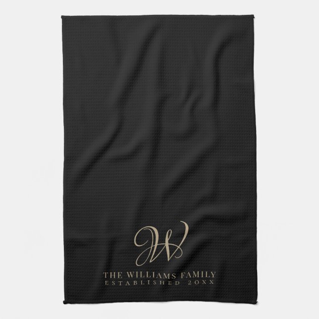 Family Monogram Elegant Script Black Kitchen Tea Towel (Vertical)