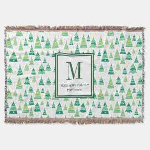 Family Monogram Initial Christmas Tree Pattern Throw Blanket