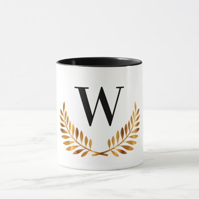 Family monogram initial gold black laurel wreath mug (Center)