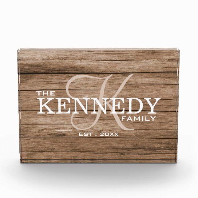 Family Monogram Last Name Typography Rustic Wood  Photo Block (Front)