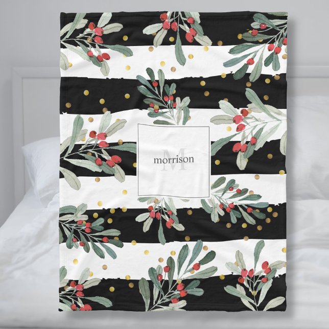 Family Monogram Modern Black Chic Winter Botanical Fleece Blanket (Creator Uploaded)