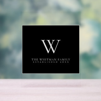 Family Monogram Modern Elegant Black Grey Acrylic Sign