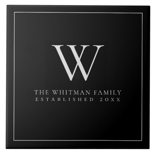 Family Monogram Modern Elegant Black Grey Tile (Front)