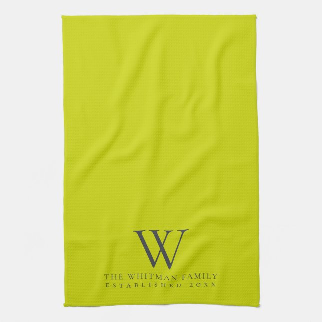Family Monogram Modern Lime Green Kitchen Tea Towel (Vertical)