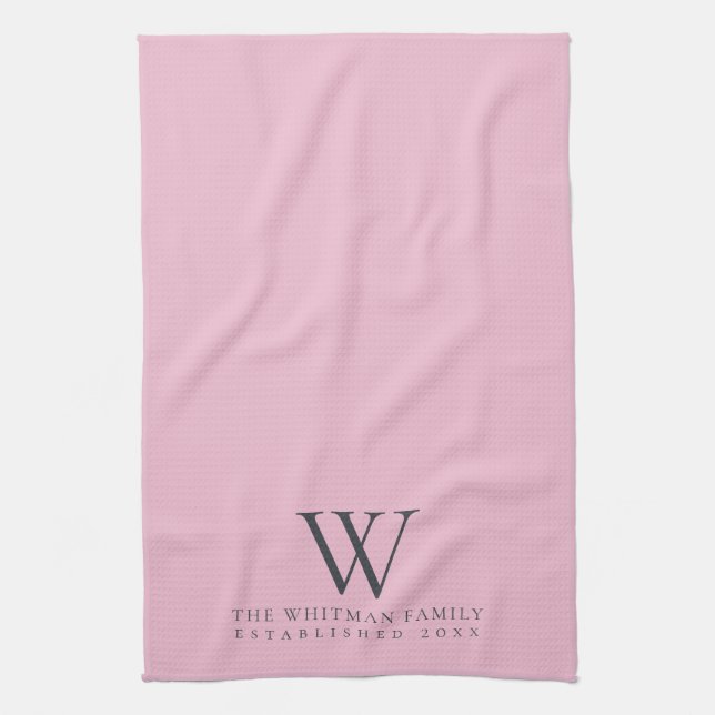 Family Monogram Modern Pink Slate Grey Kitchen Tea Towel (Vertical)