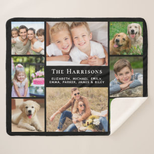Family Monogram Name 8 Photo Collage Black Sherpa Blanket