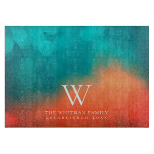 Family Monogram Name Abstract Art Turquoise Orange Cutting Board