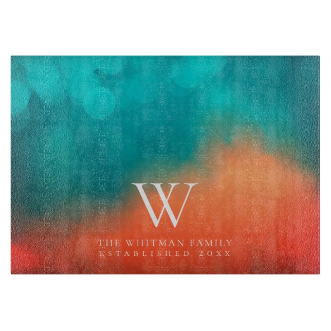 Family Monogram Name Abstract Art Turquoise Orange Cutting Board (Front)