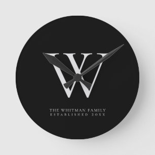 Family Monogram Name Black Round Clock