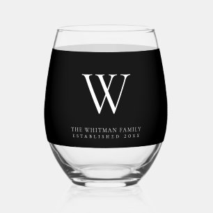 Family Monogram Name Modern Black Stemless Wine Glass