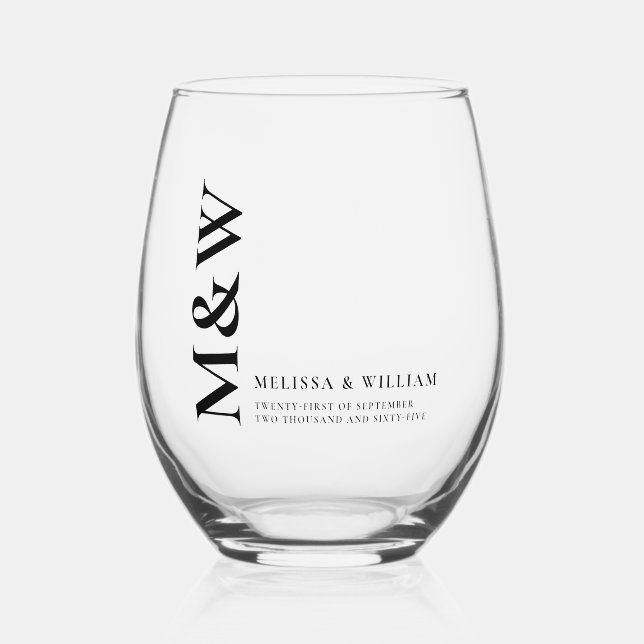 Family Monogram Name Modern Black  Stemless Wine Glass (Front)