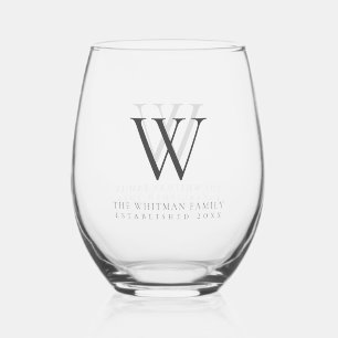 Family Monogram Name Modern Charcoal Stemless Wine Glass