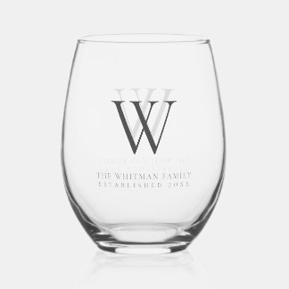 Family Monogram Name Modern Charcoal Stemless Wine Glass