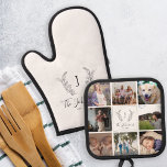 Family monogram name multi photo collage white oven mitt & pot holder set<br><div class="desc">Create youor own personalised family monogram,  name and established year with 8 photo grid collage making an elegant rustic farmhouse style white and black oven mitt and pot holder set.         A thoughtful keepsake gift for Christmas,  wedding,  family anniversary,  new home or Thanksgiving.</div>
