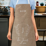 Family monogram name personalised rustic burlap ap apron<br><div class="desc">Custom monogram and name with family established year elegant chic country farmhouse style dark beige jute burlap (PRINTED) apron for mum,  grandma,  aunt,  or other family members. You can replace it with the name.         A modern keepsake gift for weddings,  anniversaries,  housewarmings,  Thanksgiving,  Christmas,  or any other occasion.</div>