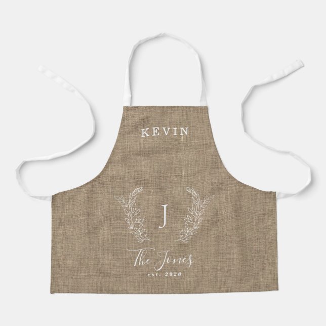 Family monogram name personalised rustic burlap apron (Front)