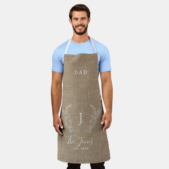 Family monogram name personalised rustic burlap apron (Worn)