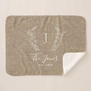 Family monogram name personalised rustic burlap sherpa blanket