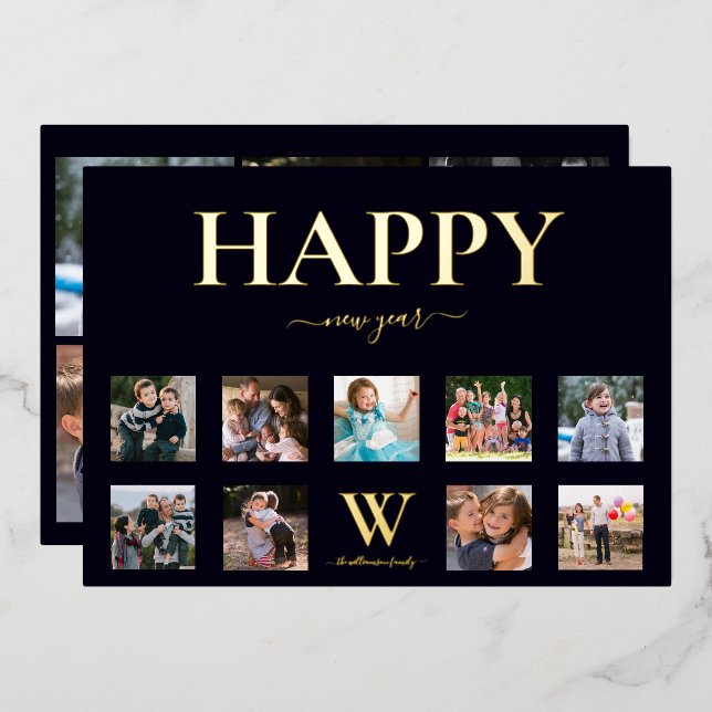 Family Monogram Name Photo Collage Happy New Foil Holiday Card (Front/Back)