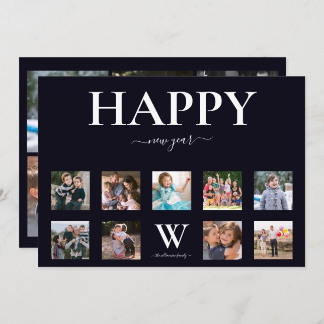 Family Monogram Name Photo Collage Happy New Year Holiday Card (Front/Back)