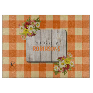 Family monogram name rustic wood orange gingham cutting board
