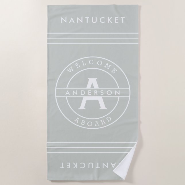 Family Monogram Nautical Beach House Sea Salt Grey Beach Towel (Front)