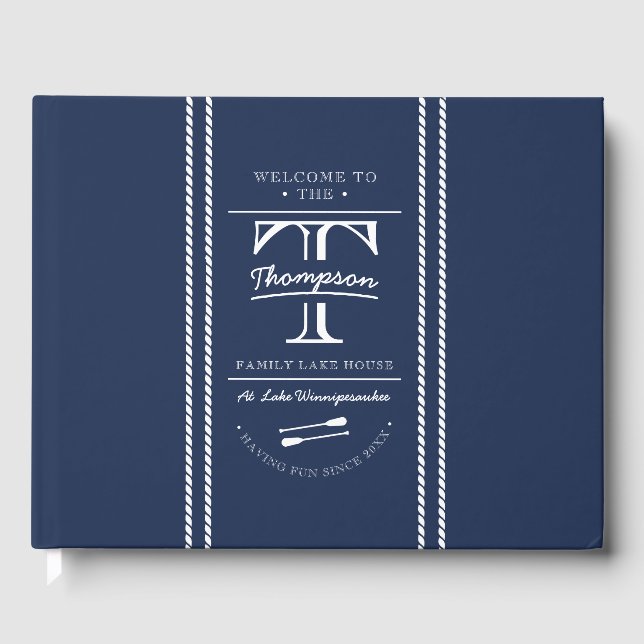 Family Monogram Navy Nautical Lake House Guest Book (Front)