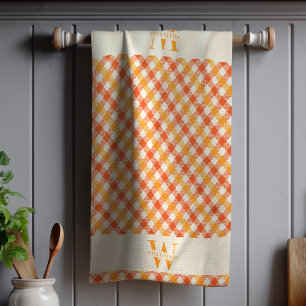 Family Monogram Orange Red Gingham Plaid Farmhouse Tea Towel