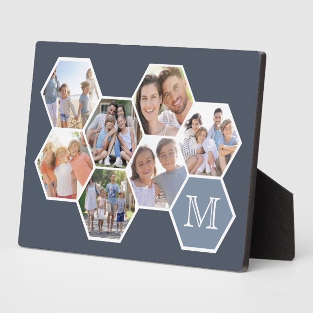 Family Monogram Photo Collage | Blue Hexagons Plaque (Side)