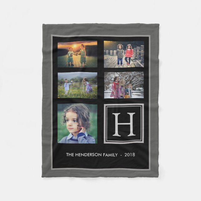 Family monogram photo collage dark grey fleece blanket (Front)