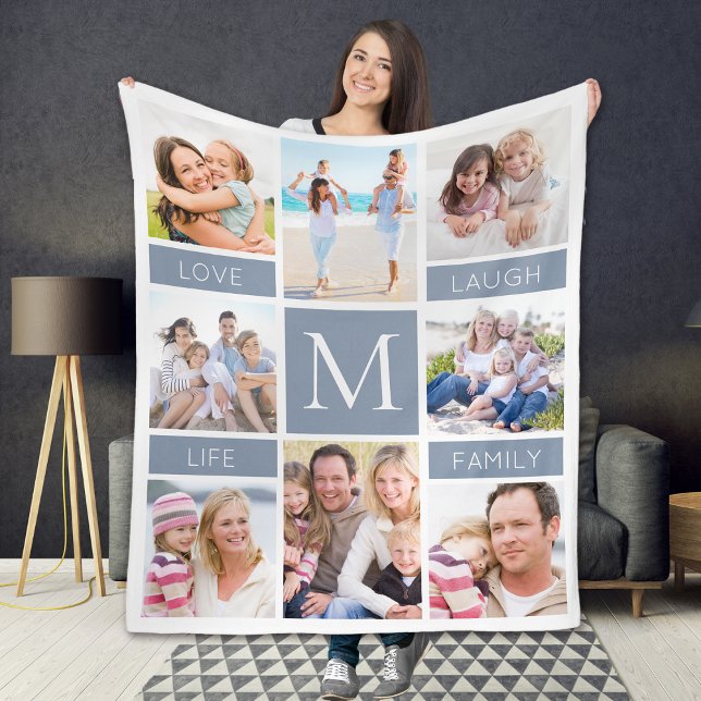 Family Monogram Photo Collage Dusty Blue Fleece Blanket (Creator Uploaded)