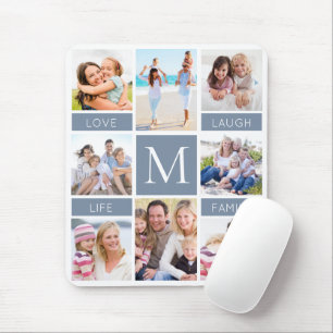 Family Monogram Photo Collage Dusty Blue Mouse Mat