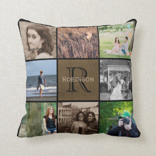 Family Monogram Photo Collage Rustic Burlap Cushion