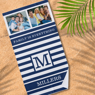 Family Monogram Quote 2 Photo Blue & White Stripe Beach Towel