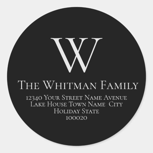 Family Monogram Simple Black Return Address Classic Round Sticker (Front)